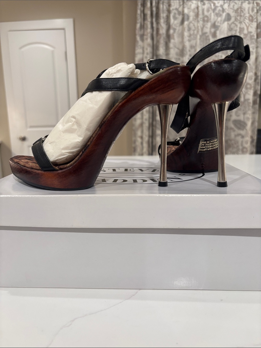 Steve Madden Black Leather & Leopard Print Stiletto Sandals - Picture 3 of 6